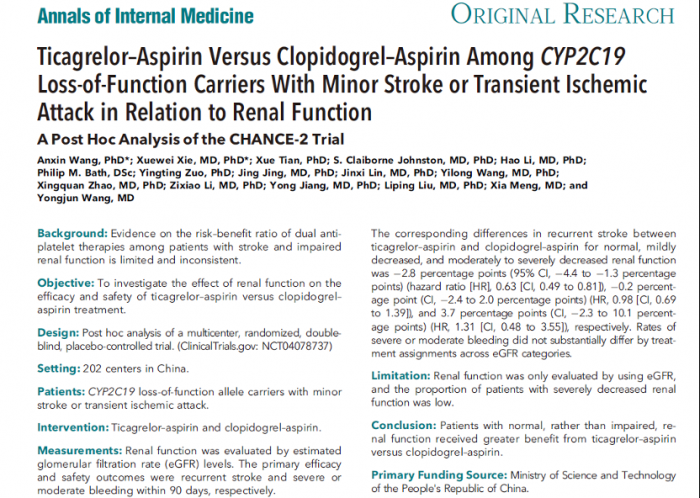 《Annals of Internal Medicine》内射骚逼视频肾功能对急性缺血性脑血管病患者不同双抗治疗策略的疗效与安全性影响